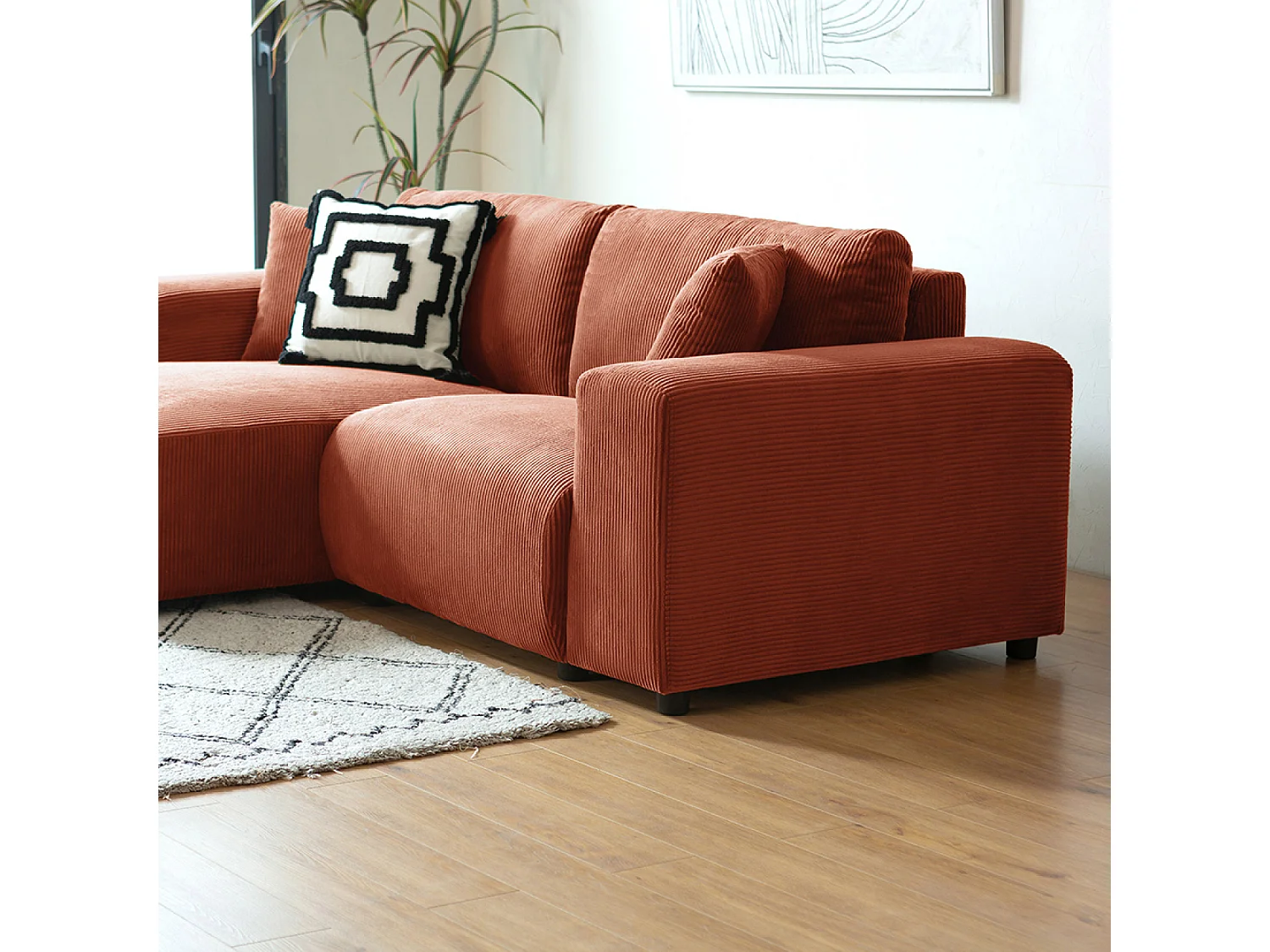 Canapé d'angle modulable 3 places en velours côtelé terracotta ABERDEEN