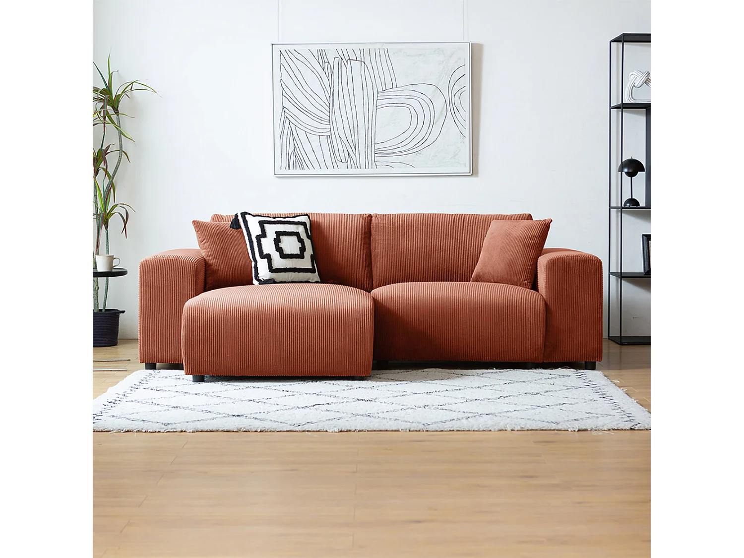 Canapé d'angle modulable 3 places en velours côtelé terracotta ABERDEEN
