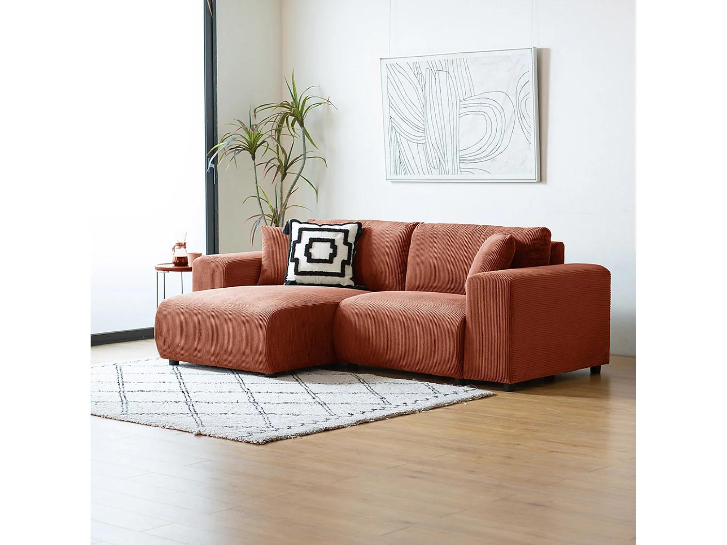 Canapé d'angle modulable 3 places en velours côtelé terracotta ABERDEEN