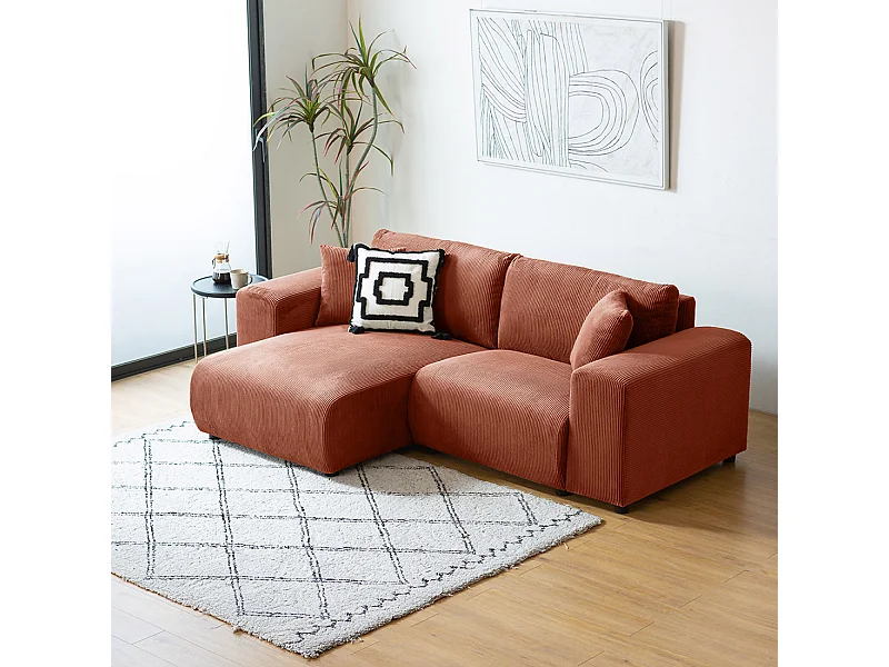 Canapé d'angle modulable 3 places en velours côtelé terracotta ABERDEEN