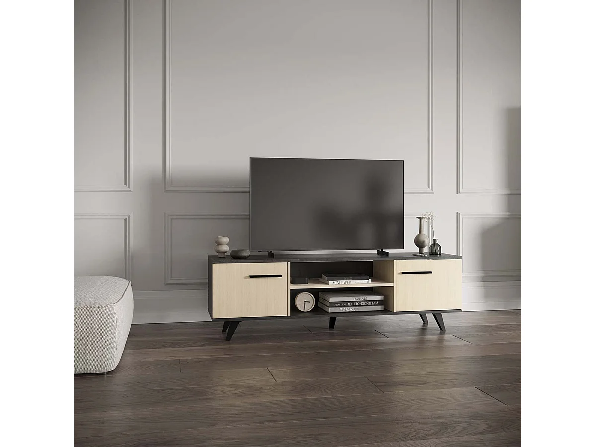 Meuble TV 2 portes avec rangement couleur chêne / anthracite - Largeur 151,4 x Profondeur 39,3 x Hauteur 46,2 cm