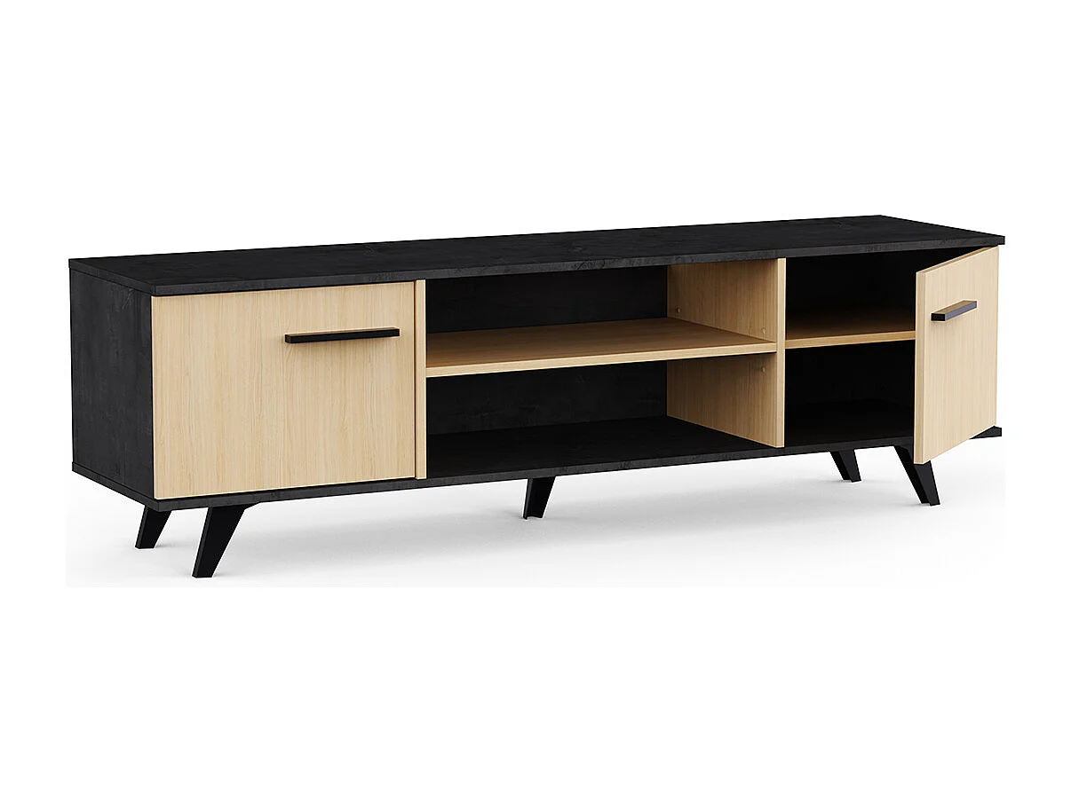 Meuble TV 2 portes avec rangement couleur chêne / anthracite - Largeur 151,4 x Profondeur 39,3 x Hauteur 46,2 cm