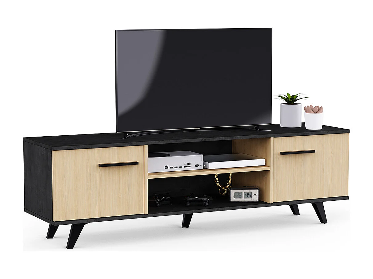 Meuble TV 2 portes avec rangement couleur chêne / anthracite - Largeur 151,4 x Profondeur 39,3 x Hauteur 46,2 cm