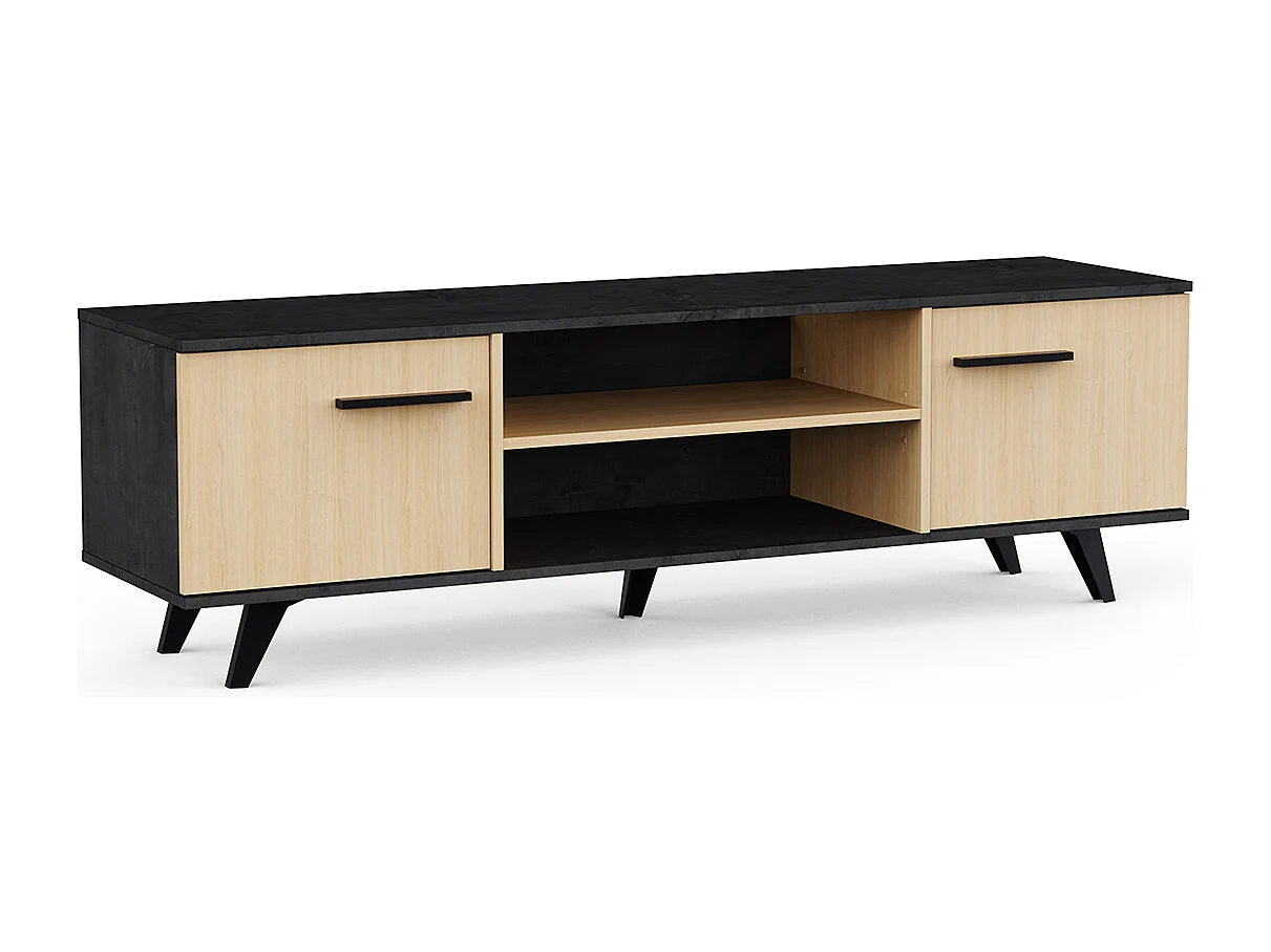 Meuble TV 2 portes avec rangement couleur chêne / anthracite - Largeur 151,4 x Profondeur 39,3 x Hauteur 46,2 cm