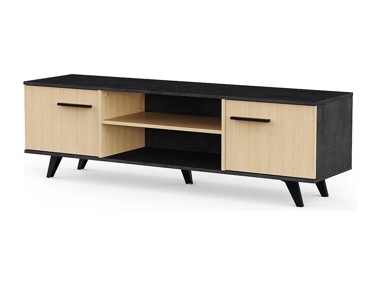 Meuble TV 2 portes avec rangement couleur chêne / anthracite - Largeur 151,4 x Profondeur 39,3 x Hauteur 46,2 cm