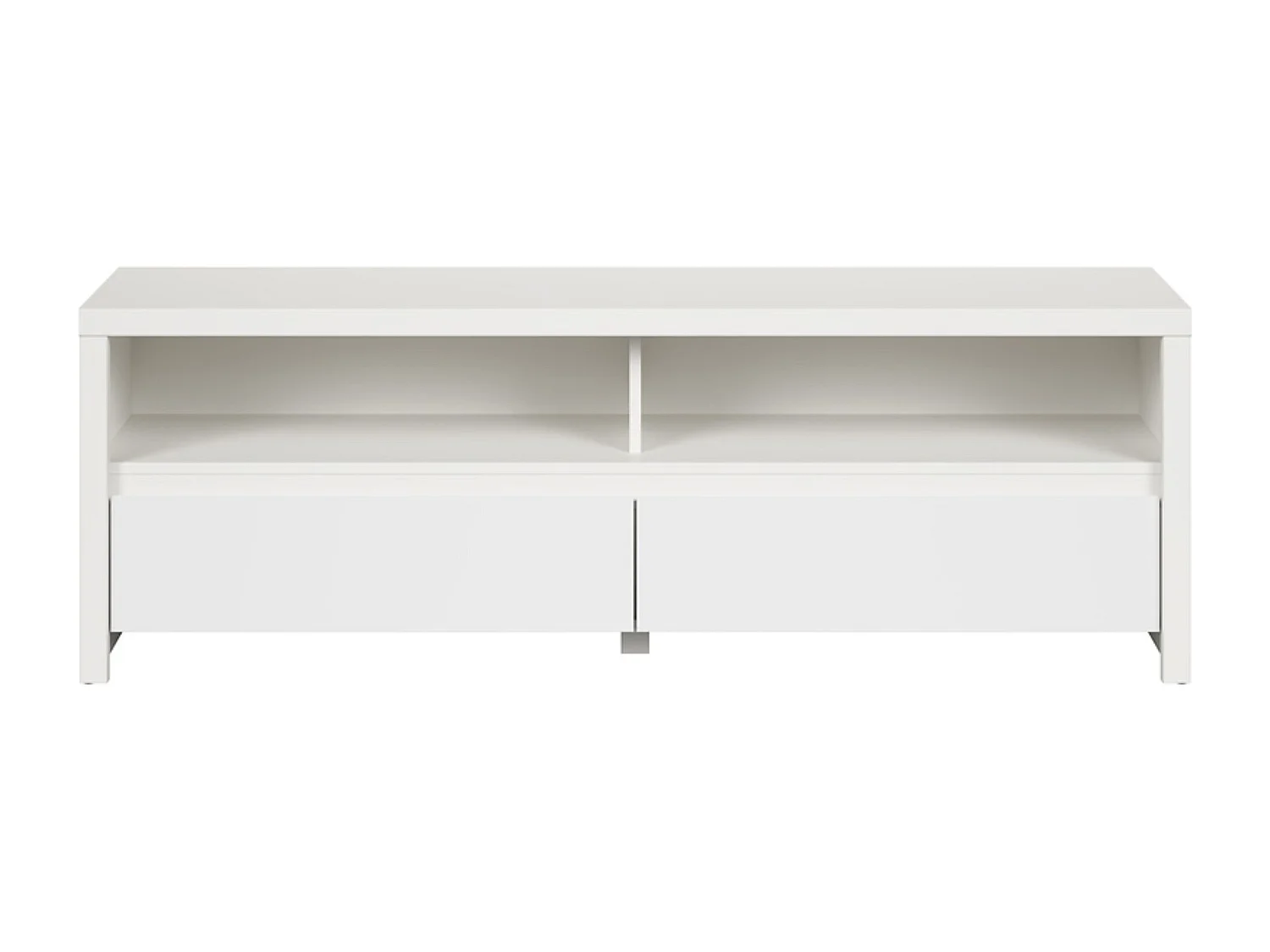 Meuble TV avec 2 tiroirs et une étagère, coloris Blanc/Blanc Mat - Longueur 143,5 x Hauteur 48,5 x Profondeur 40,5 cm