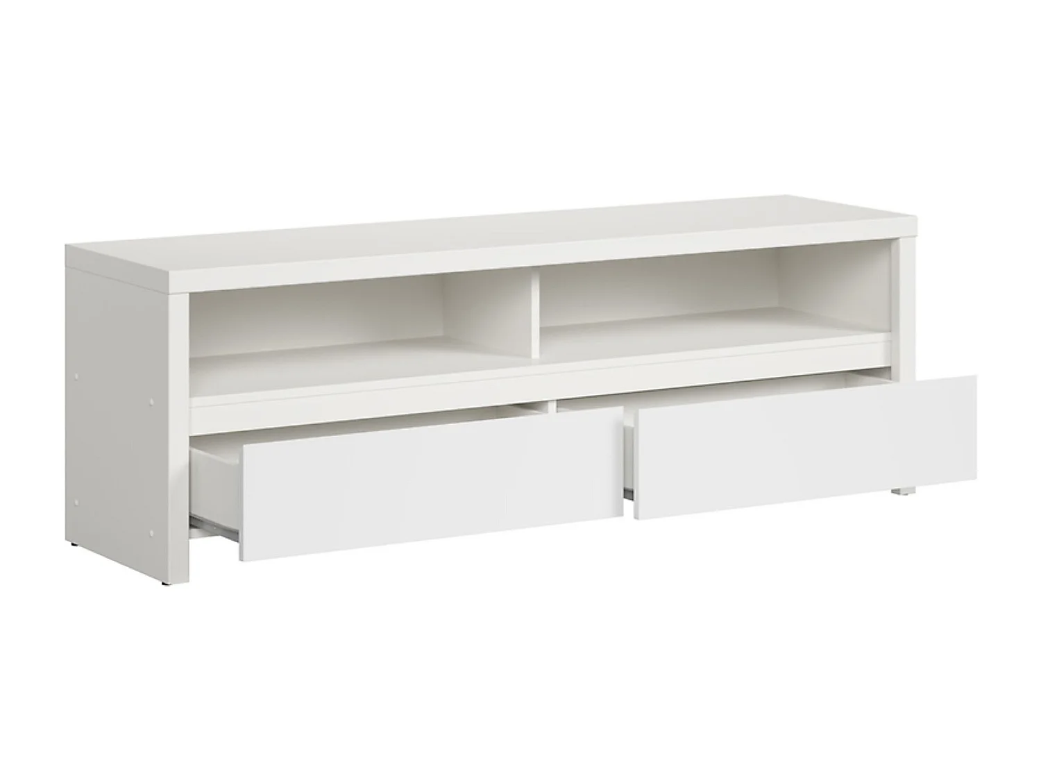 Meuble TV avec 2 tiroirs et une étagère, coloris Blanc/Blanc Mat - Longueur 143,5 x Hauteur 48,5 x Profondeur 40,5 cm