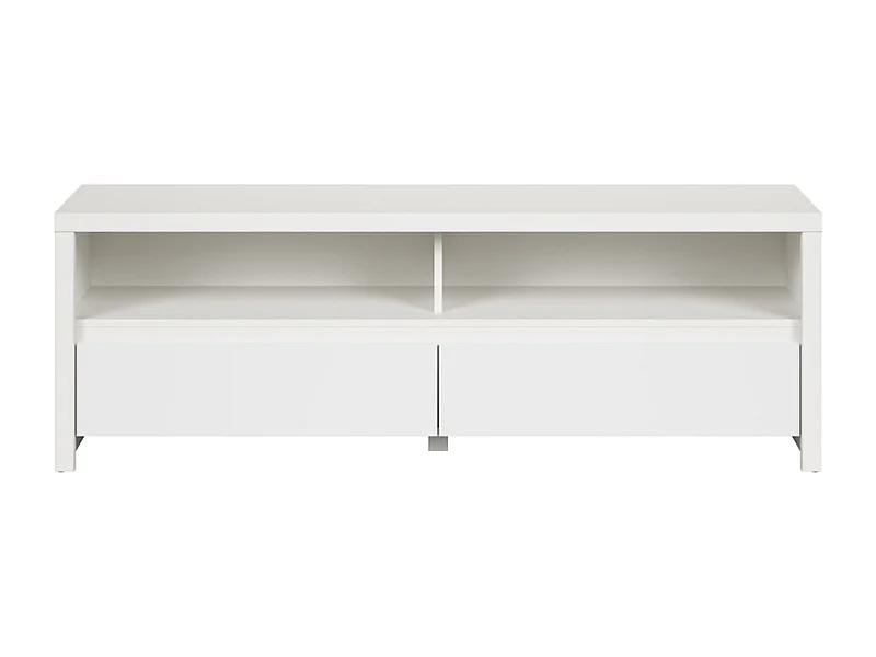 Meuble TV avec 2 tiroirs et une étagère, coloris Blanc/Blanc Mat - Longueur 143,5 x Hauteur 48,5 x Profondeur 40,5 cm