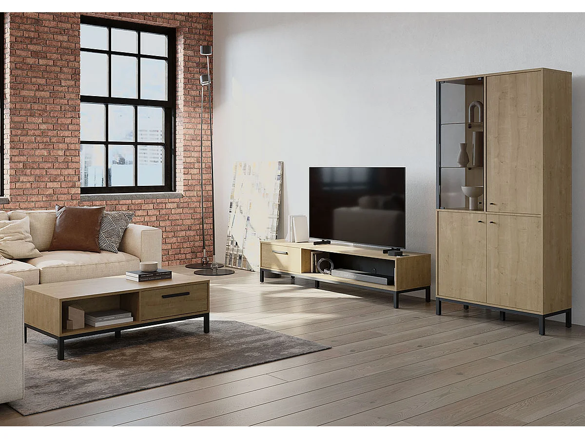 Meuble TV avec rangement 1 niche 1 tiroir couleur chêne / noir mat - Largeur 183 x Profondeur 44,9 x Hauteur 41,3 cm