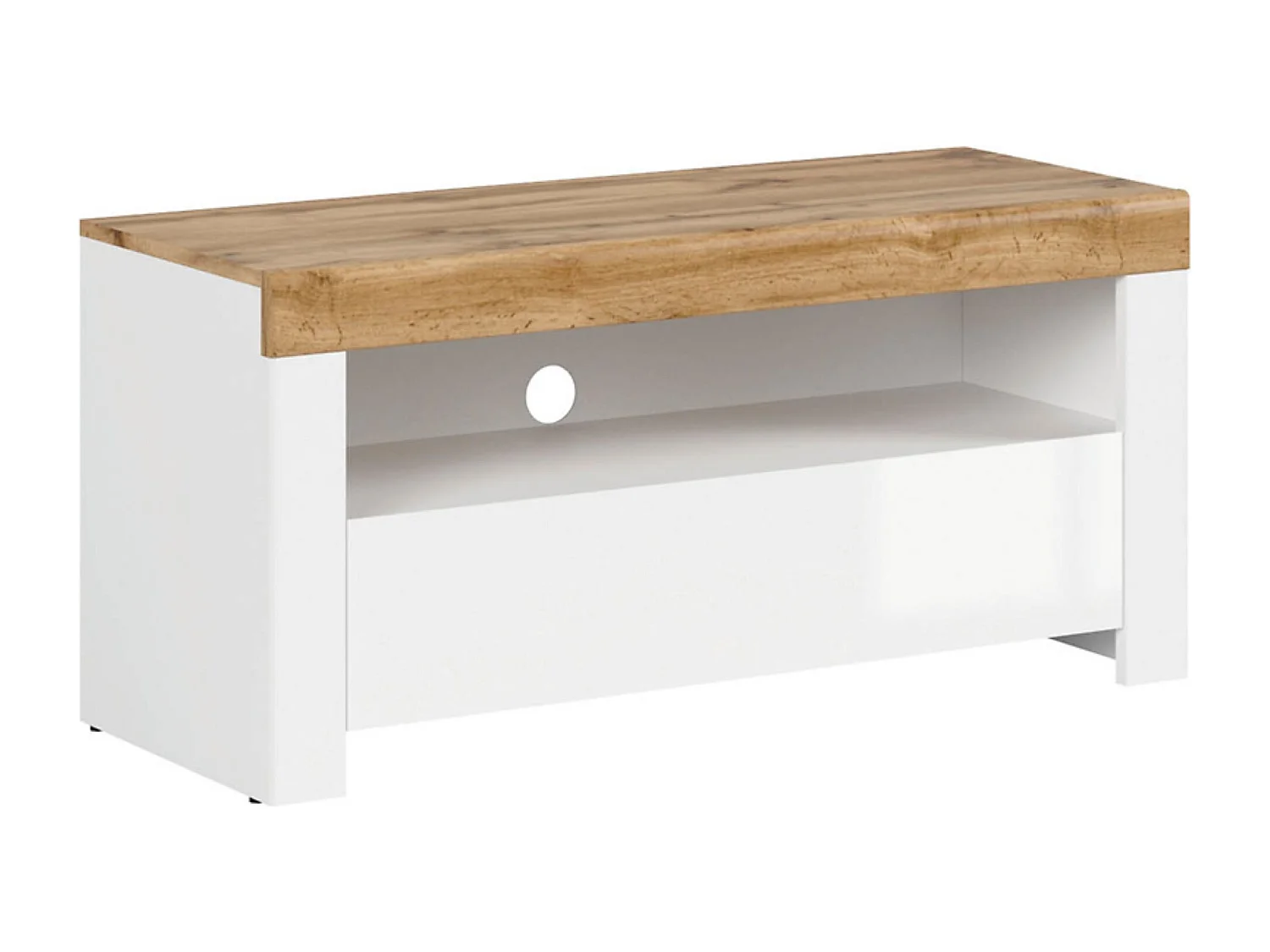 Meuble TV avec tiroir et étagère,coloris Blanc/Chêne wotan - Longueur 106 x Profondeur 42 x Hauteur 50,5 cm