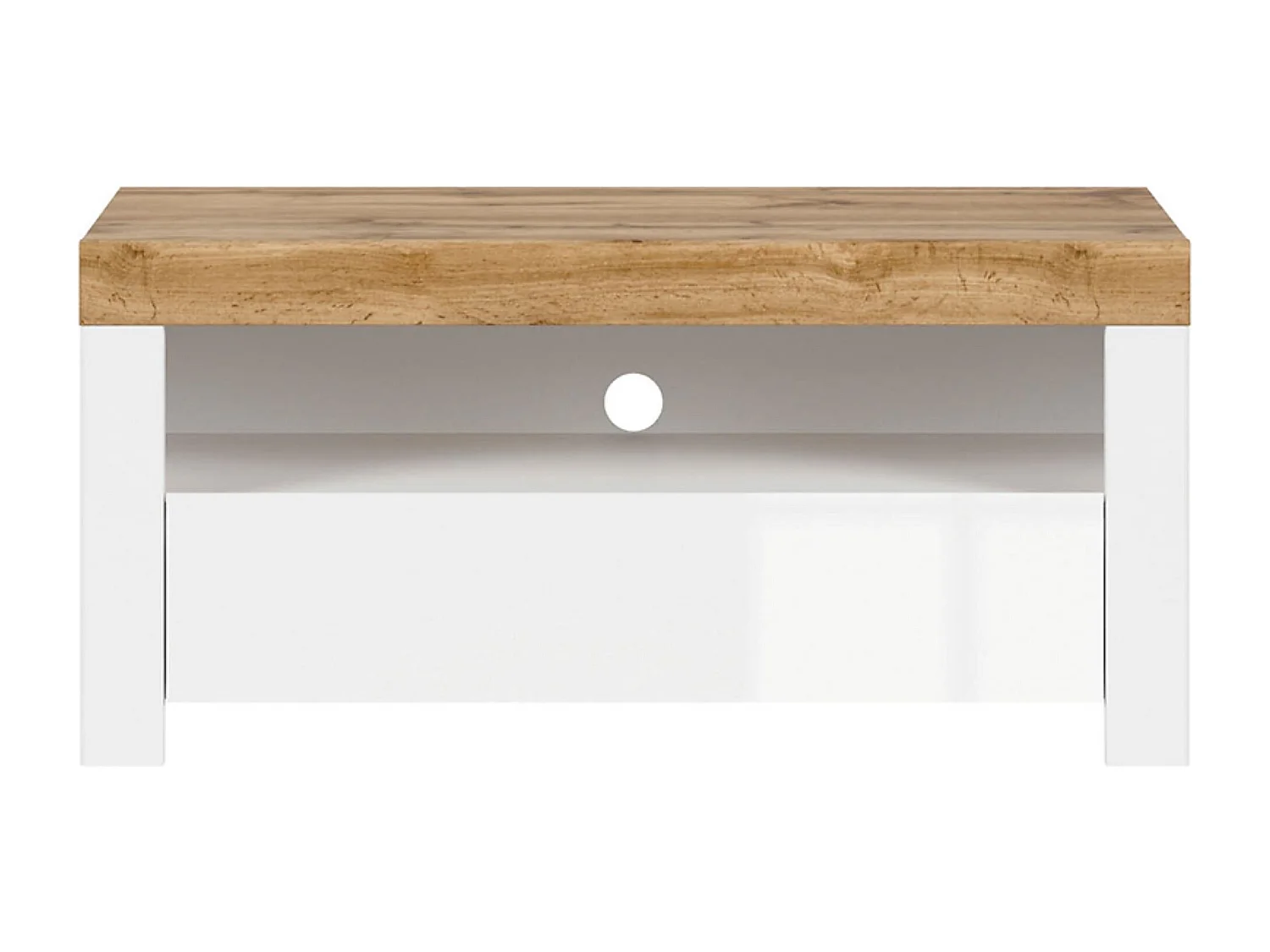 Meuble TV avec tiroir et étagère,coloris Blanc/Chêne wotan - Longueur 106 x Profondeur 42 x Hauteur 50,5 cm