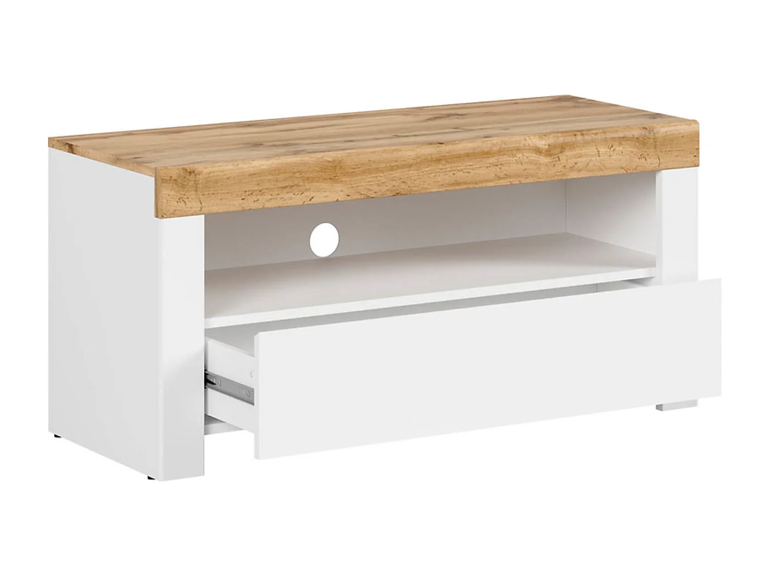 Meuble TV avec tiroir et étagère,coloris Blanc/Chêne wotan - Longueur 106 x Profondeur 42 x Hauteur 50,5 cm