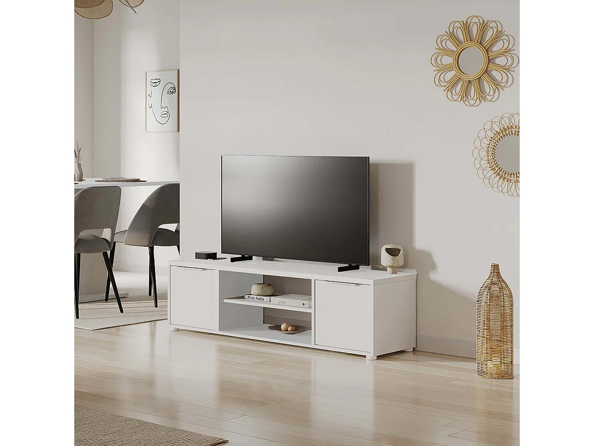 Meuble TV avec rangement couleur blanc mat - Largeur 151,4 x Profondeur 39,6 x Hauteur 39,1 cm