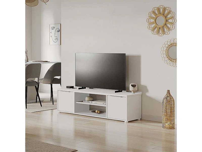 Meuble TV avec rangement couleur blanc mat - Largeur 151,4 x Profondeur 39,6 x Hauteur 39,1 cm