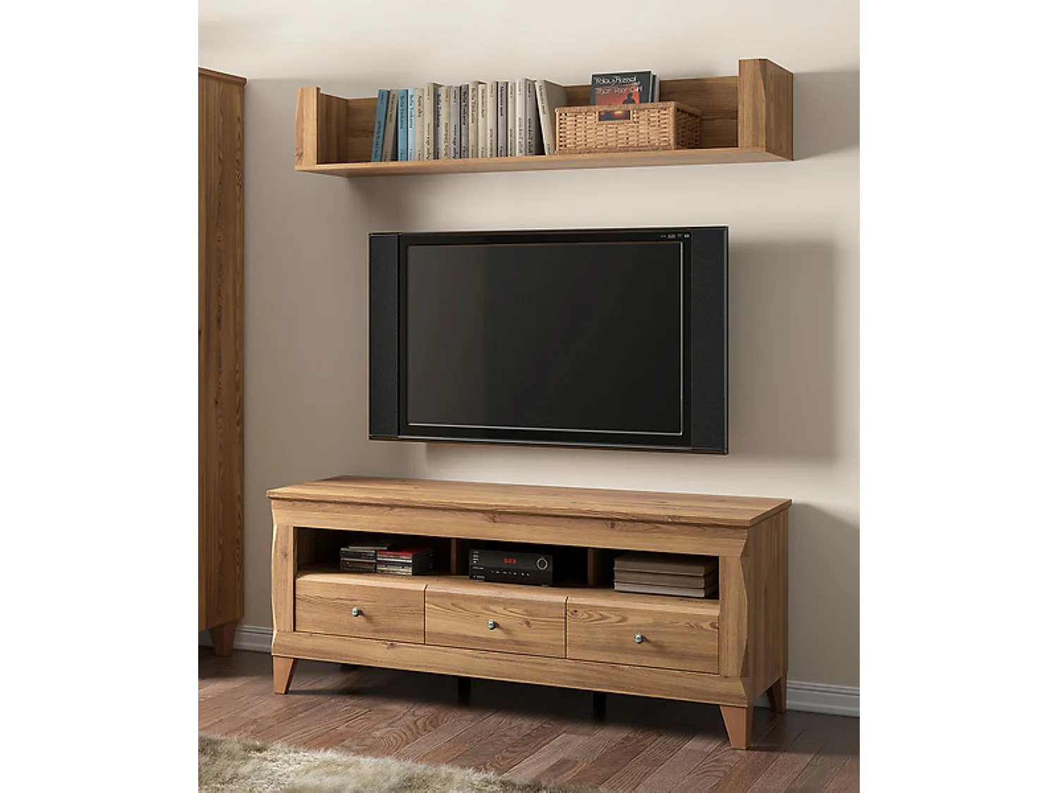 Meuble TV avec 3 tiroirs soft-close et une étagère coloris Mélèze doré - Longueur 156 x Profondeur 47 x Hauteur 64 cm