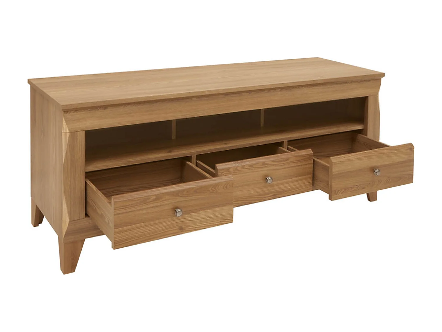 Meuble TV avec 3 tiroirs soft-close et une étagère coloris Mélèze doré - Longueur 156 x Profondeur 47 x Hauteur 64 cm