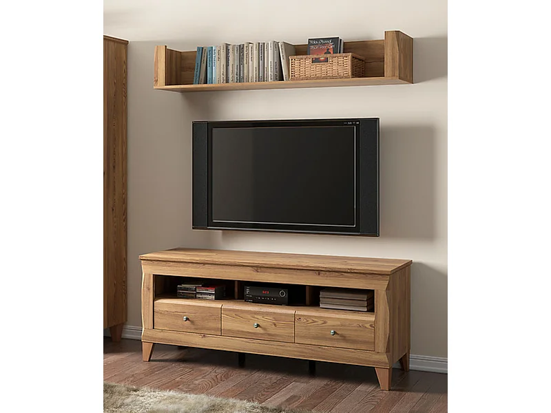 Meuble TV avec 3 tiroirs soft-close et une étagère coloris Mélèze doré - Longueur 156 x Profondeur 47 x Hauteur 64 cm