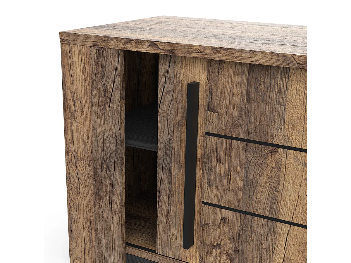 Meuble TV avec rangement et 2 portes coulissantes couleur chêne foncé / noir - Largeur 184,5 x Profondeur 42,3 x Hauteur 52,2 cm