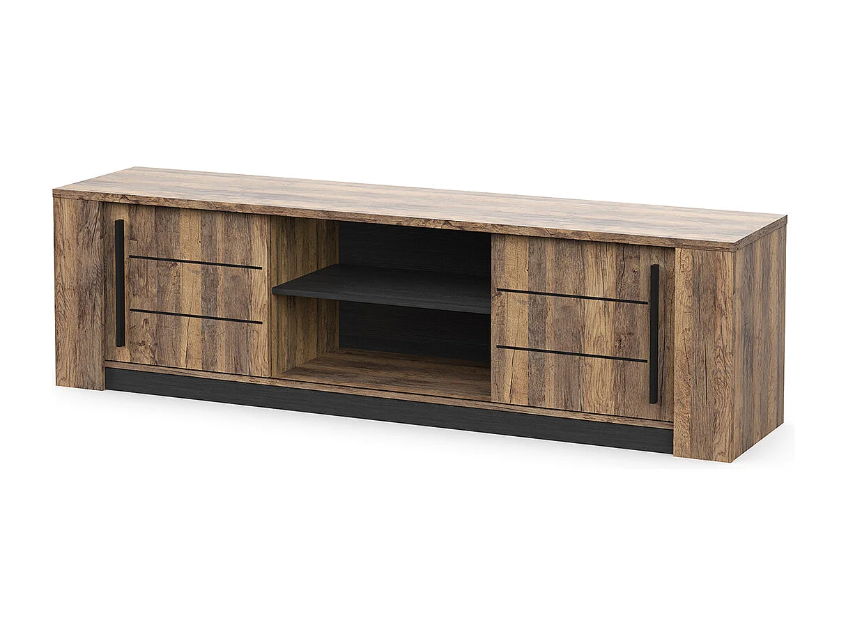 Meuble TV avec rangement et 2 portes coulissantes couleur chêne foncé / noir - Largeur 184,5 x Profondeur 42,3 x Hauteur 52,2 cm