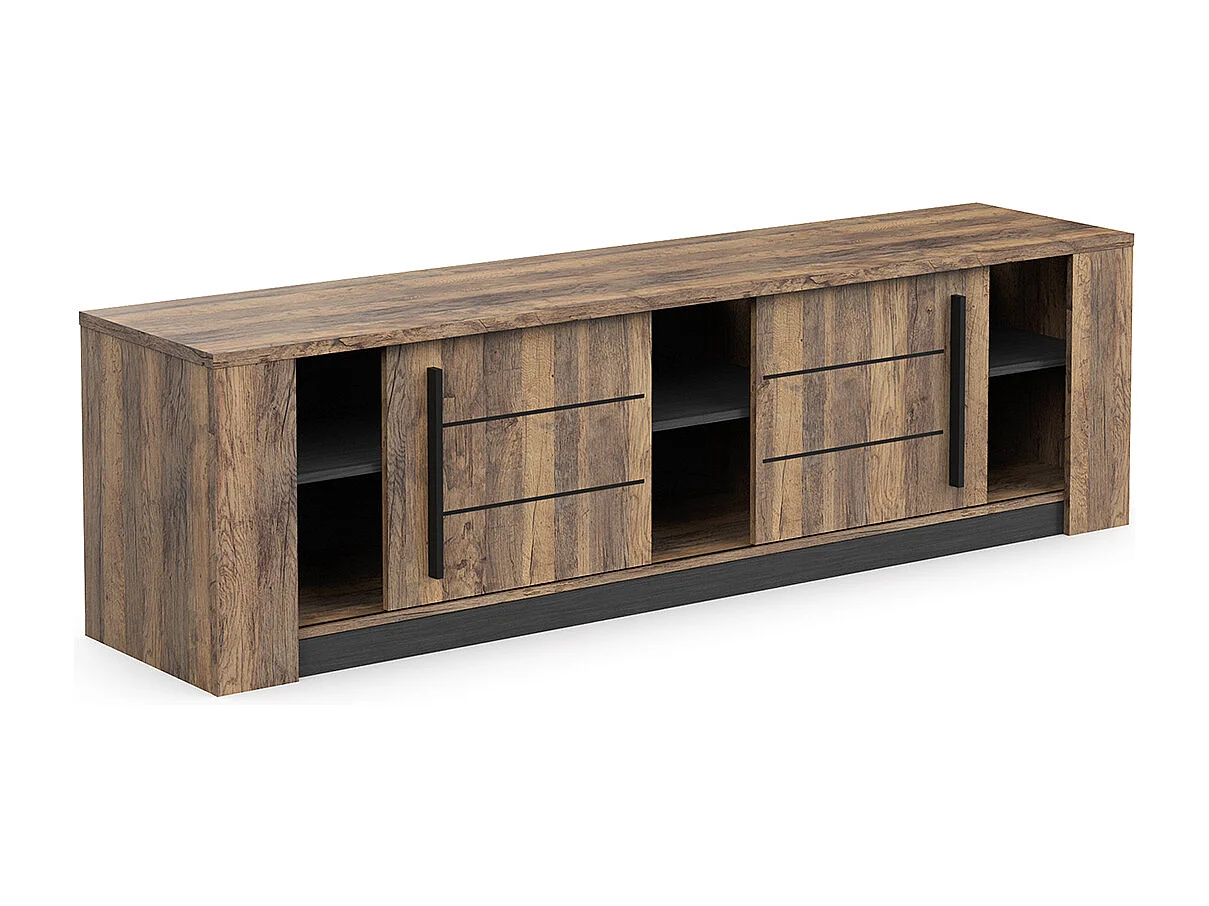 Meuble TV avec rangement et 2 portes coulissantes couleur chêne foncé / noir - Largeur 184,5 x Profondeur 42,3 x Hauteur 52,2 cm