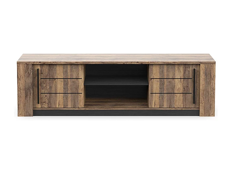 Meuble TV avec rangement et 2 portes coulissantes couleur chêne foncé / noir - Largeur 184,5 x Profondeur 42,3 x Hauteur 52,2 cm
