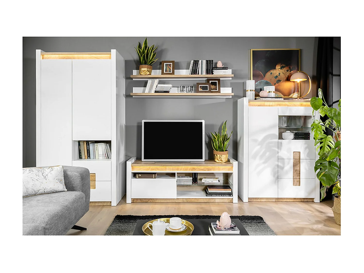 Meuble TV avec tiroir et étagère avec éclairage LED ,coloris Blanc brillant/Chêne clair - Longueur 147 x Profondeur 46 x Hauteur 55 cm
