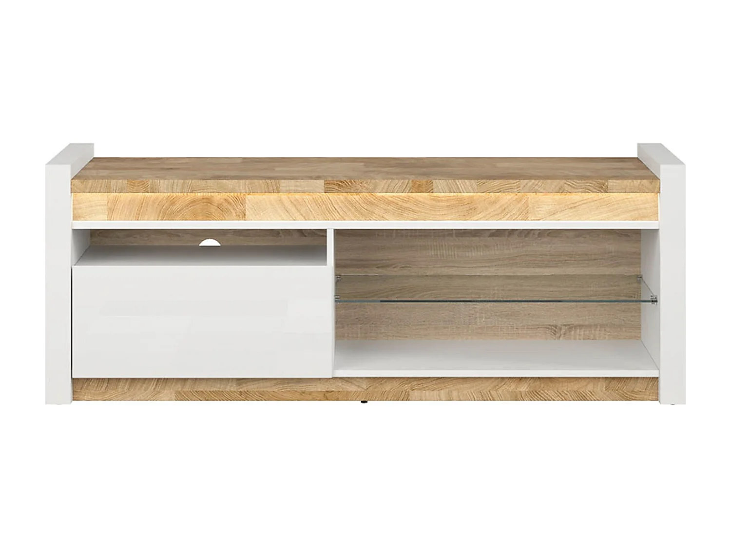 Meuble TV avec tiroir et étagère avec éclairage LED ,coloris Blanc brillant/Chêne clair - Longueur 147 x Profondeur 46 x Hauteur 55 cm