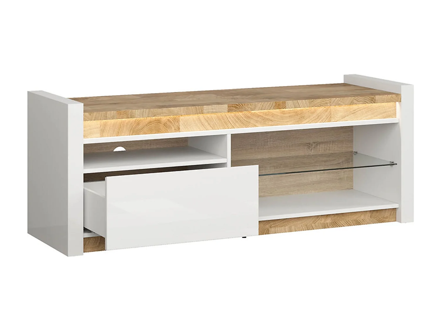 Meuble TV avec tiroir et étagère avec éclairage LED ,coloris Blanc brillant/Chêne clair - Longueur 147 x Profondeur 46 x Hauteur 55 cm