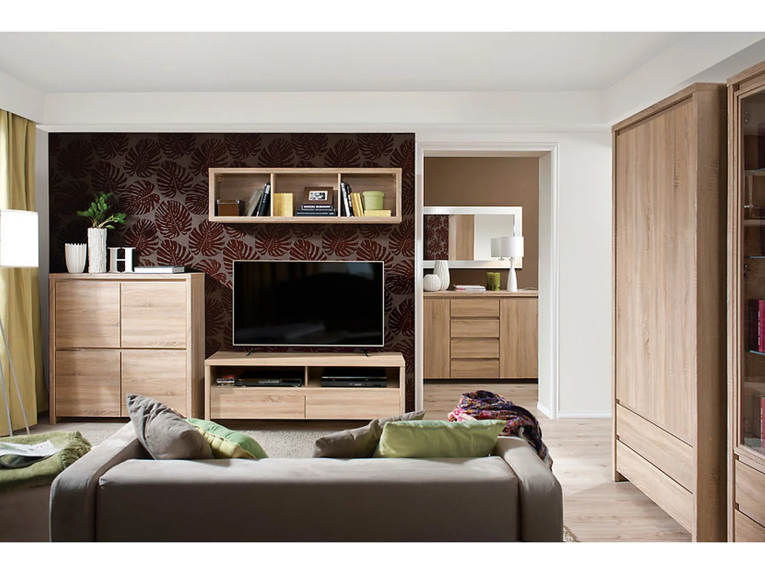 Meuble TV avec 2 tiroirs et une étagère, coloris chêne Sonoma - Longueur 143,5 x Hauteur 48,5 x Profondeur 40,5 cm