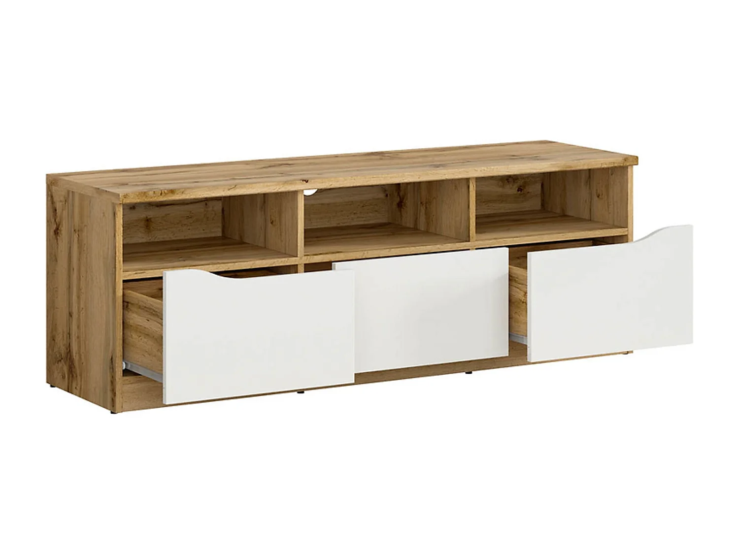 Meuble TV avec 3 tiroirs, coloris chêne Wotan/blanc brillant - Longueur 135 x Profondeur 39,5 x Hauteur 47,5 cm