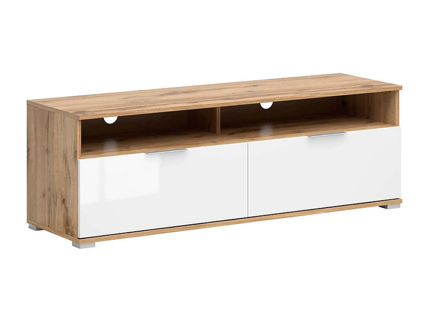 Meuble TV avec 2 tiroirs et une étagère coloris Chêne wotan/Blanc brillant - Longueur 135 x Profondeur 41 x Hauteur 45 cm