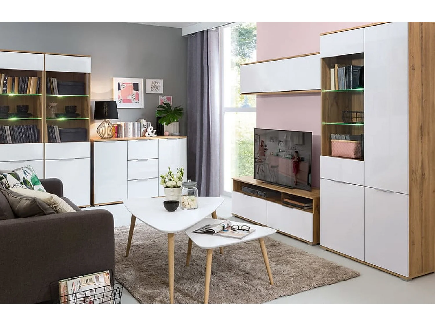 Meuble TV avec 2 tiroirs et une étagère coloris Chêne wotan/Blanc brillant - Longueur 135 x Profondeur 41 x Hauteur 45 cm