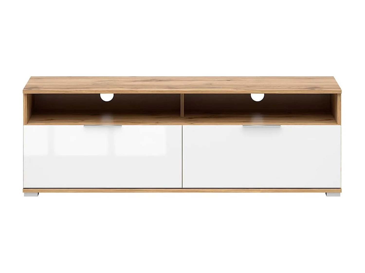Meuble TV avec 2 tiroirs et une étagère coloris Chêne wotan/Blanc brillant - Longueur 135 x Profondeur 41 x Hauteur 45 cm