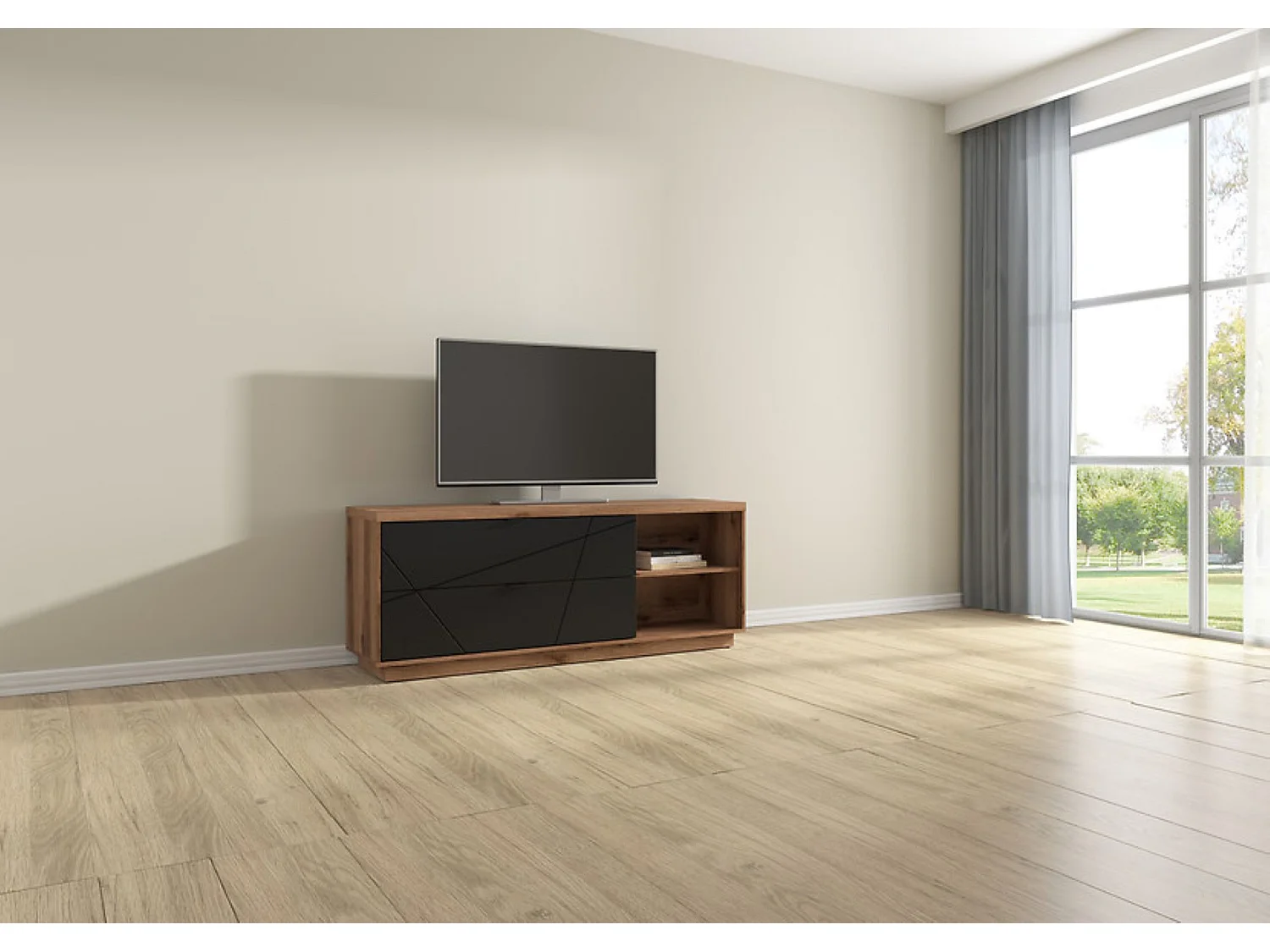 Meuble TV avec 2 tiroirs et une étagère, coloris Chêne delano / Noir mat - Longueur 156 x Profondeur 42,5 x Hauteur 61 cm