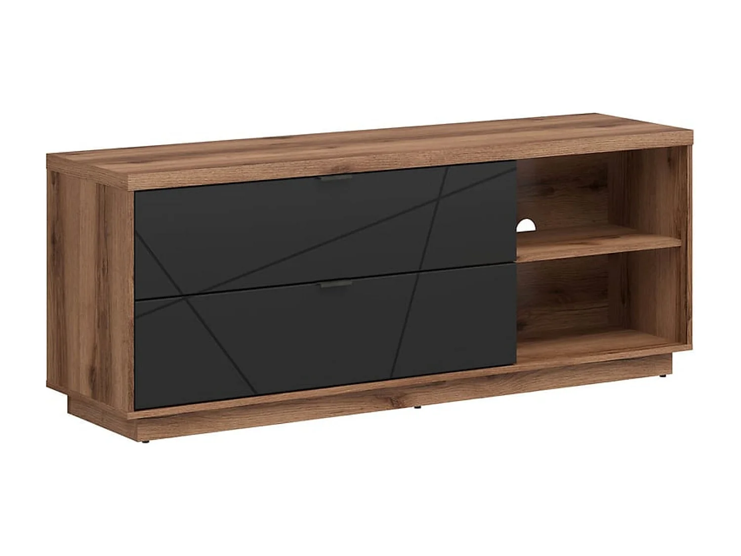 Meuble TV avec 2 tiroirs et une étagère, coloris Chêne delano / Noir mat - Longueur 156 x Profondeur 42,5 x Hauteur 61 cm