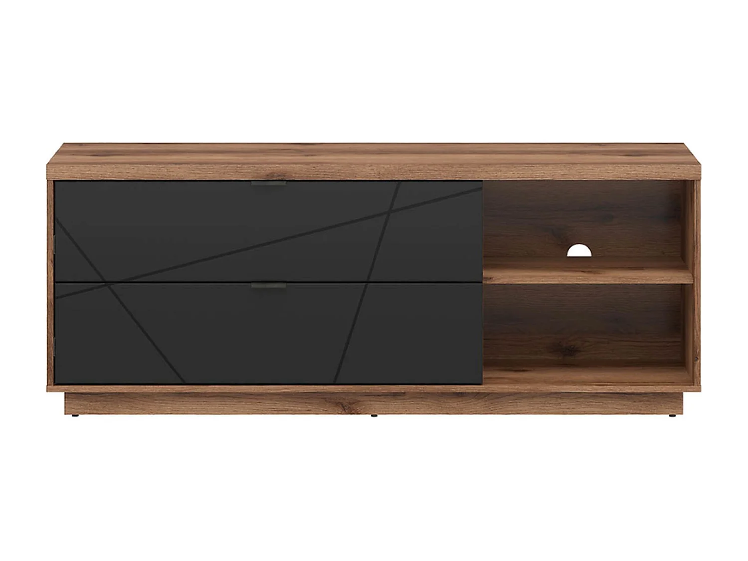 Meuble TV avec 2 tiroirs et une étagère, coloris Chêne delano / Noir mat - Longueur 156 x Profondeur 42,5 x Hauteur 61 cm