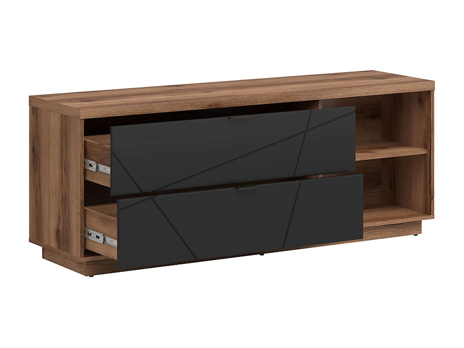 Meuble TV avec 2 tiroirs et une étagère, coloris Chêne delano / Noir mat - Longueur 156 x Profondeur 42,5 x Hauteur 61 cm