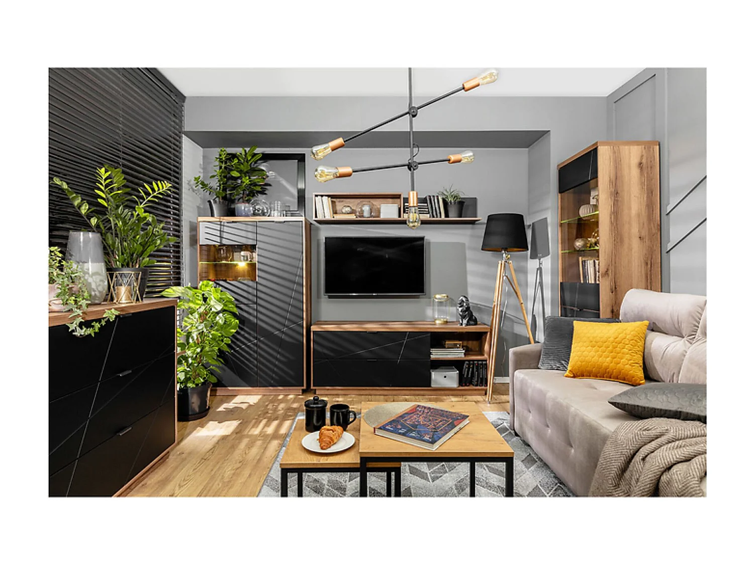 Meuble TV avec 2 tiroirs et une étagère, coloris Chêne delano / Noir mat - Longueur 156 x Profondeur 42,5 x Hauteur 61 cm