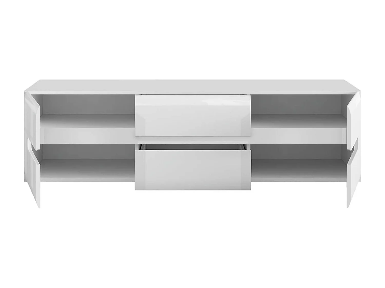 Meuble TV avec 2 portes et 2 tiroirs, coloris Blanc/Blanc haute brillance - Longueur 150 x Profondeur 47 x Hauteur 43 cm