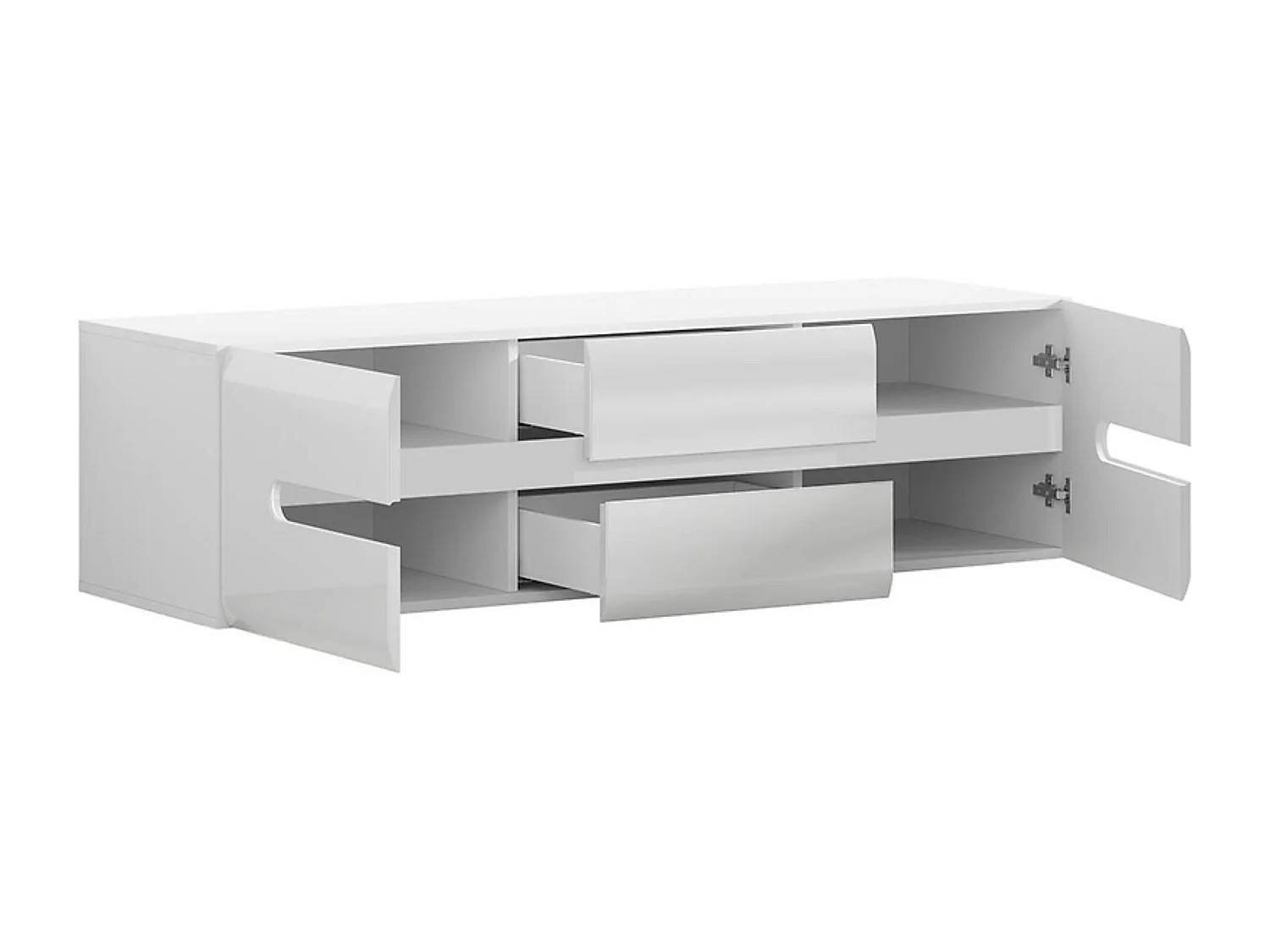 Meuble TV avec 2 portes et 2 tiroirs, coloris Blanc/Blanc haute brillance - Longueur 150 x Profondeur 47 x Hauteur 43 cm