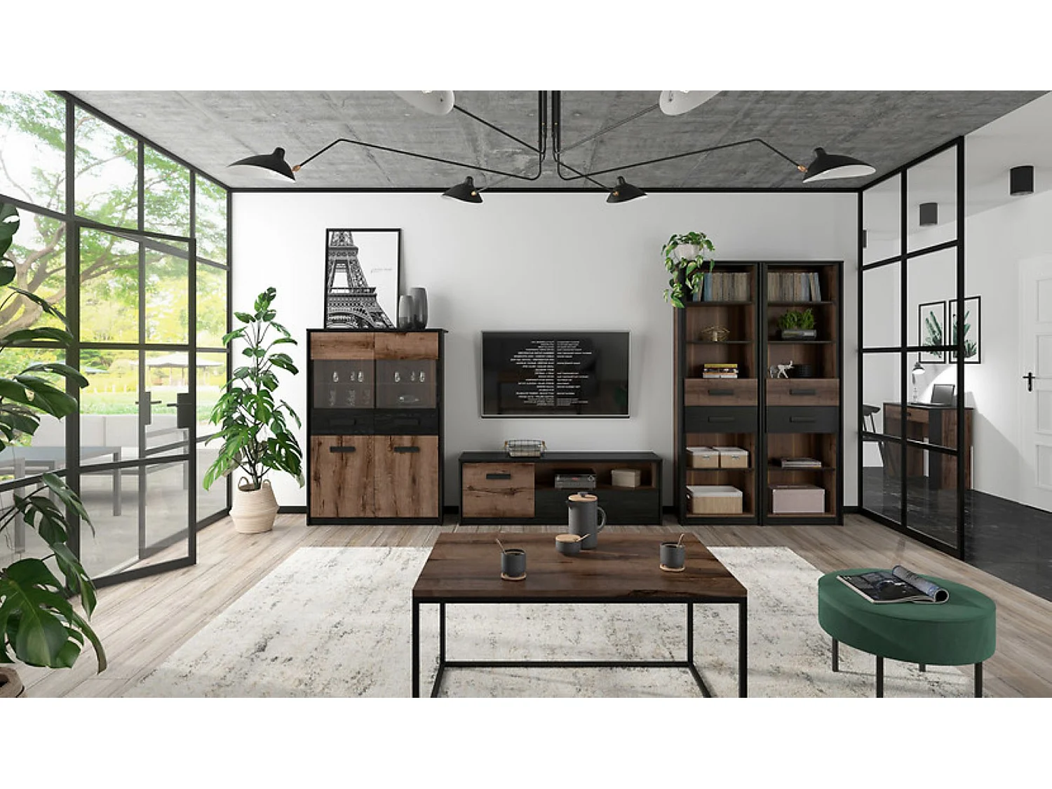 Meuble TV avec 1 porte et tiroir,coloris Chêne marron foncé/Chêne noir - Longueur 150 x Profondeur 41 x Hauteur 49 cm