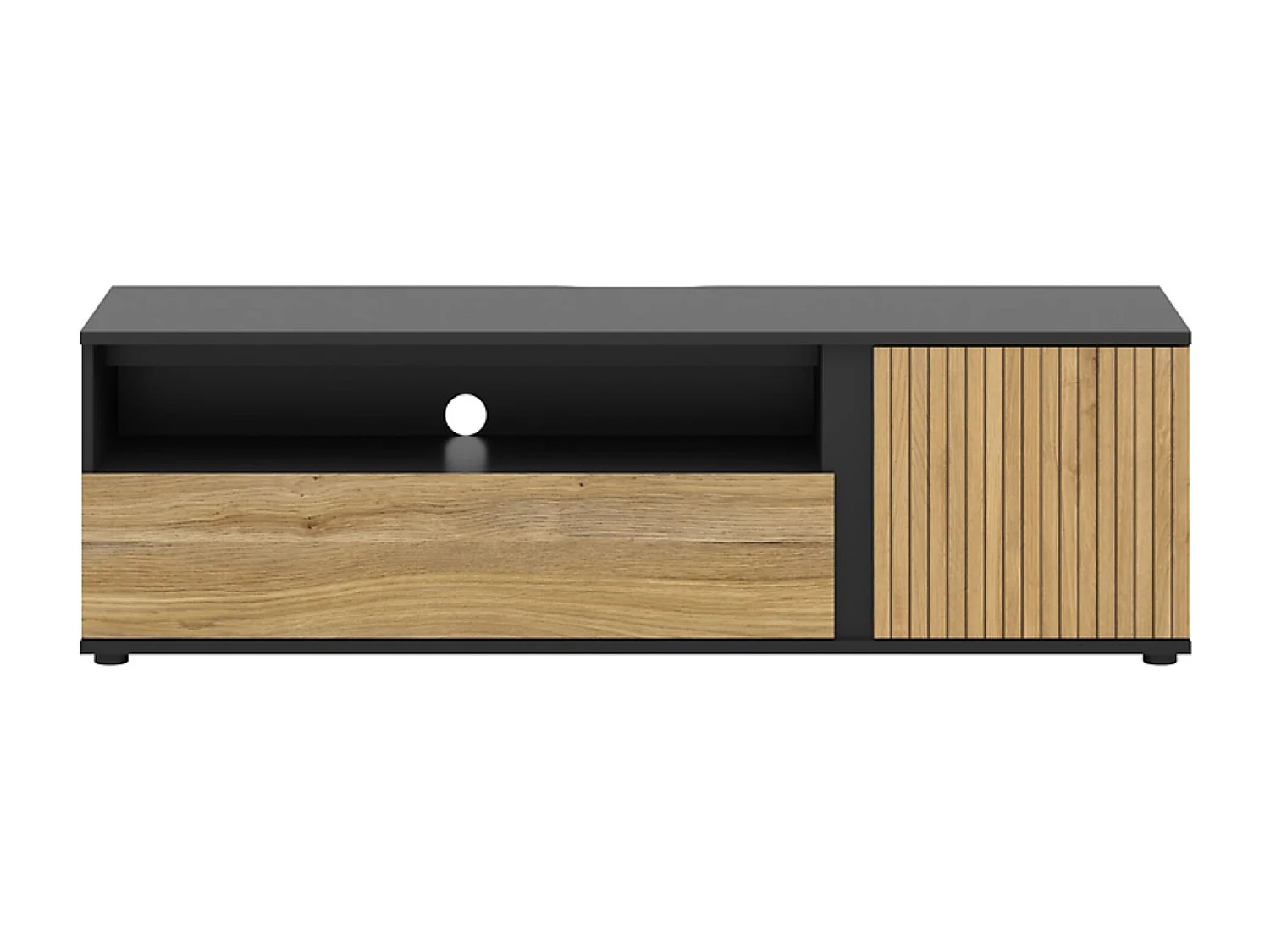 Meuble TV  avec 1 porte et tiroir,coloris Chêne/Noir - Longueur 155 x Profondeur 45,5 x Hauteur 47 cm