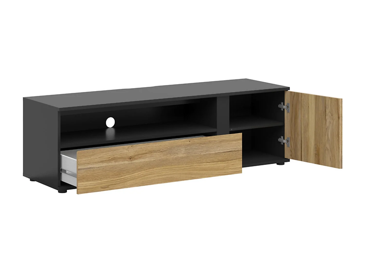 Meuble TV  avec 1 porte et tiroir,coloris Chêne/Noir - Longueur 155 x Profondeur 45,5 x Hauteur 47 cm