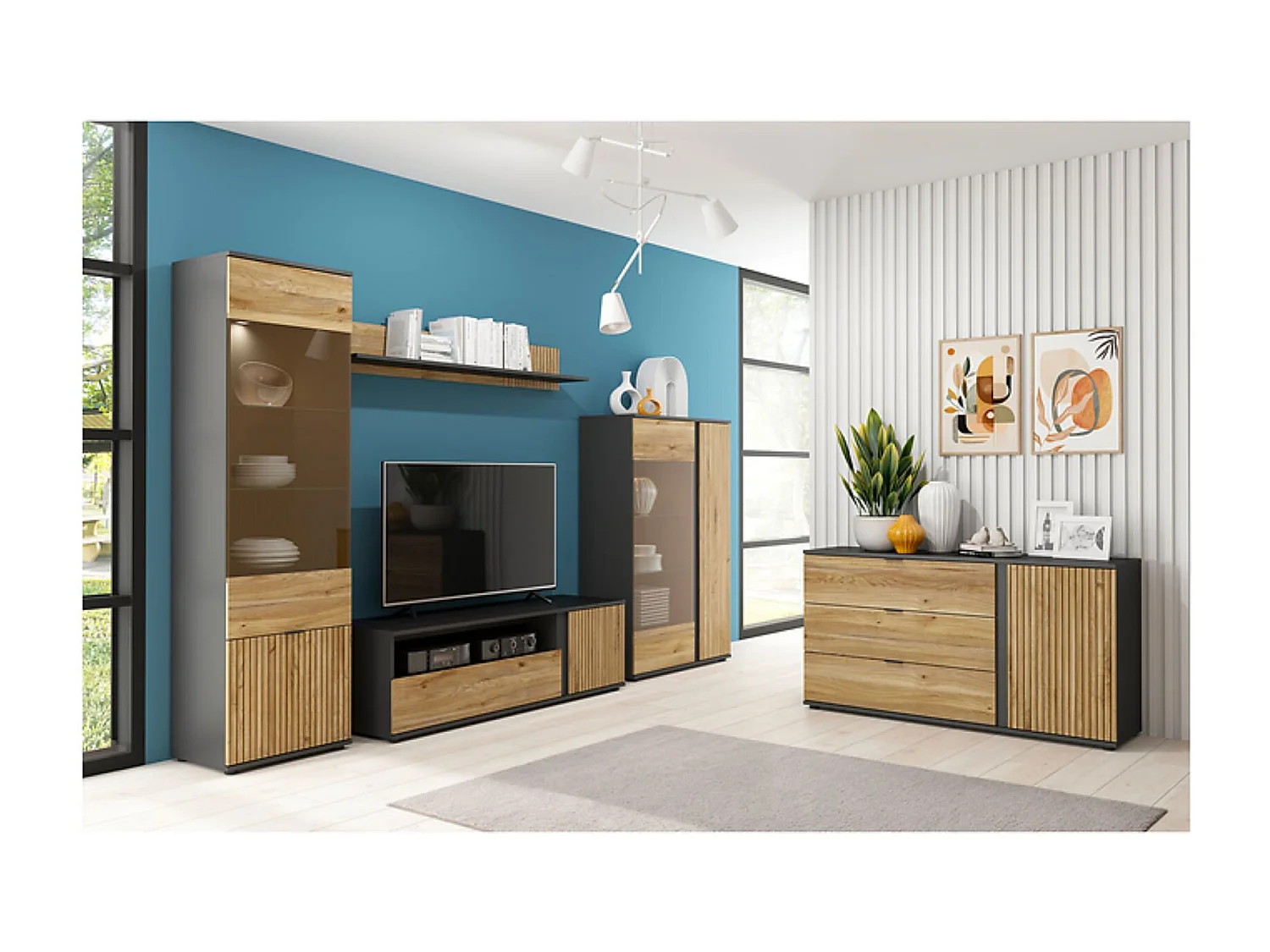 Meuble TV  avec 1 porte et tiroir,coloris Chêne/Noir - Longueur 155 x Profondeur 45,5 x Hauteur 47 cm