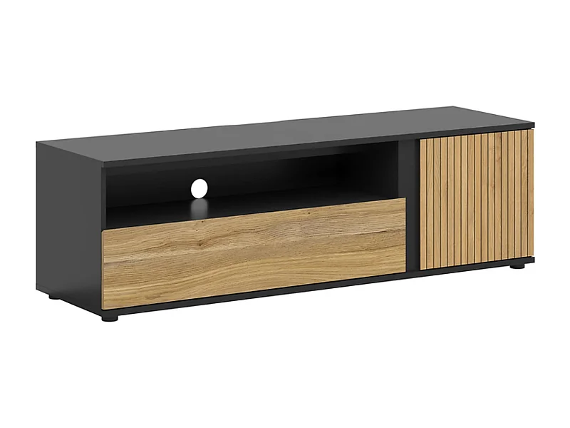 Meuble TV  avec 1 porte et tiroir,coloris Chêne/Noir - Longueur 155 x Profondeur 45,5 x Hauteur 47 cm