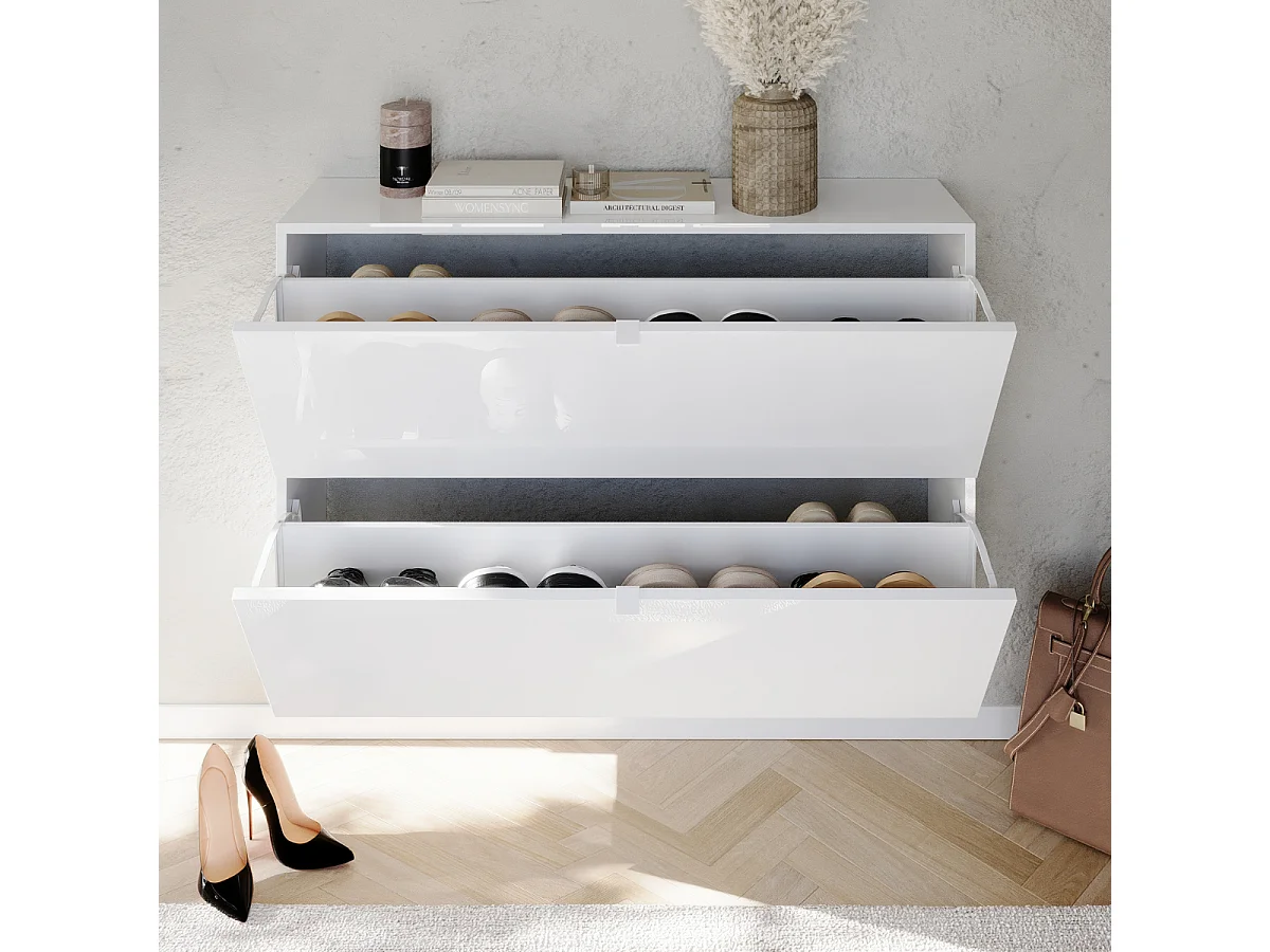 Mobile per scarpe 2 ante ribaltabili decorato bianco lucido L110 cm - SMILE