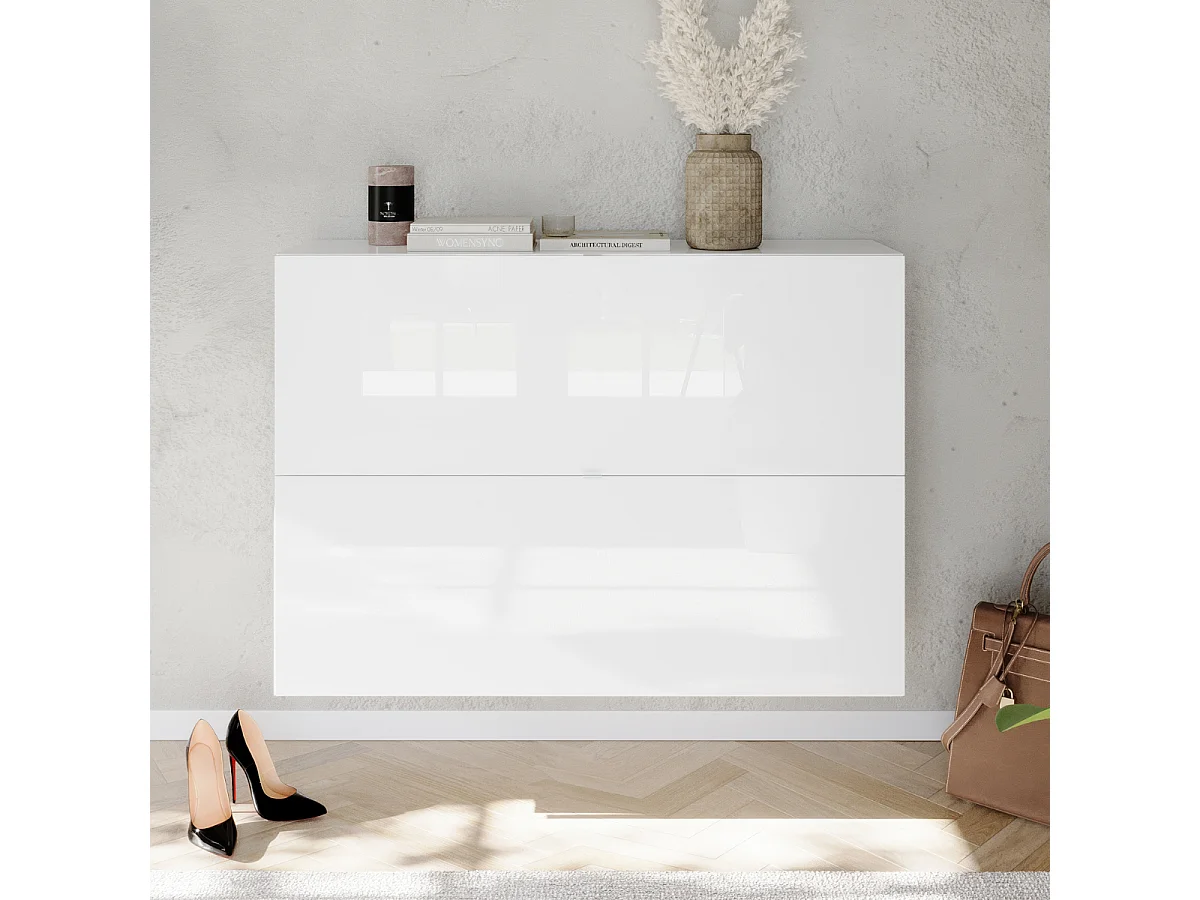 Mobile per scarpe 2 ante ribaltabili decorato bianco lucido L110 cm - SMILE