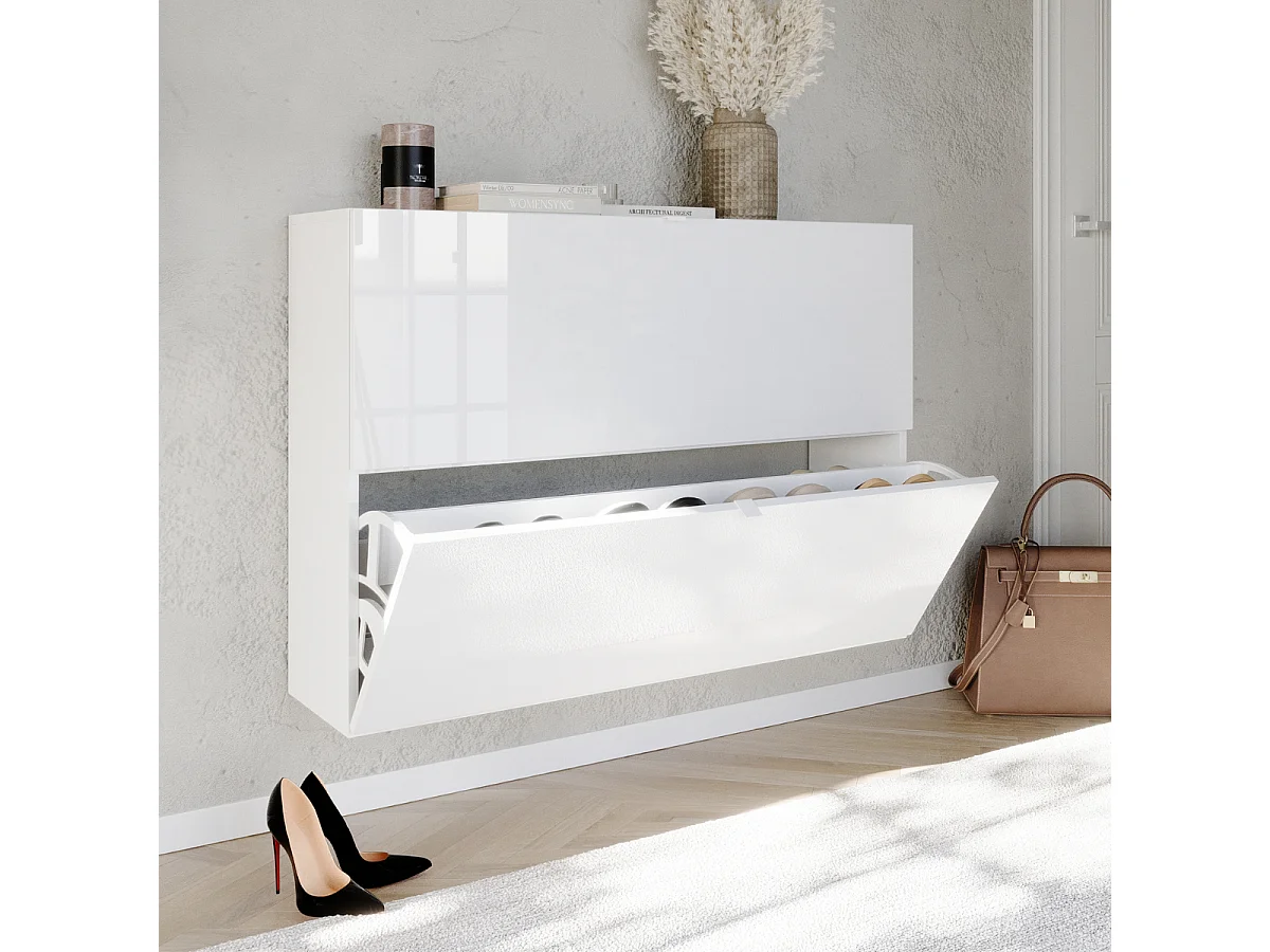 Mobile per scarpe 2 ante ribaltabili decorato bianco lucido L110 cm - SMILE