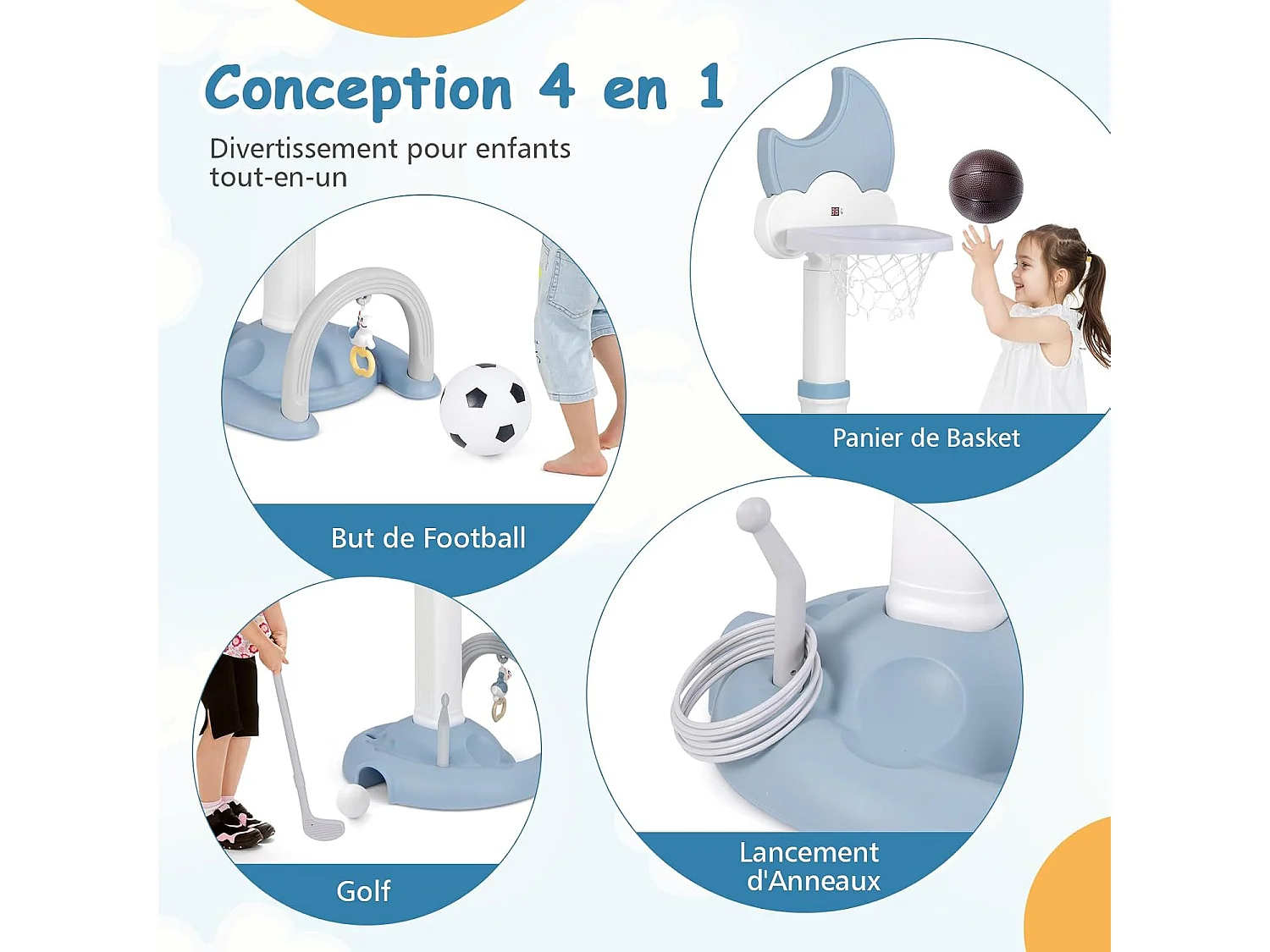 Centre d'Activités Sportives 4-en-1 Enfant avec Panier Basket Réglable, Football, Golf, Cerceaux et Tableau de Score Numérique