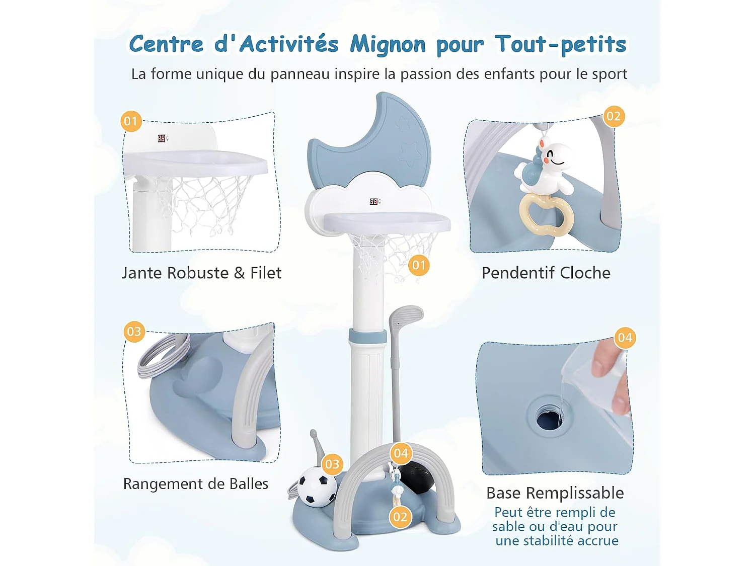 Centre d'Activités Sportives 4-en-1 Enfant avec Panier Basket Réglable, Football, Golf, Cerceaux et Tableau de Score Numérique